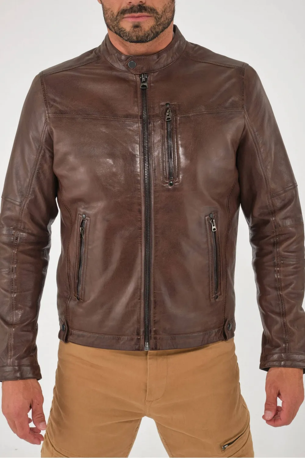 Blouson agneau marron style motard , Caractère Cuir - MARTIN JACKET Marron | Cesare Nori